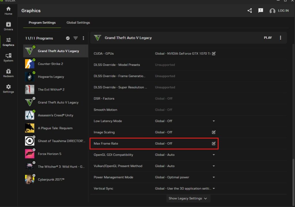 max frame rate option marked in nvidia control panel